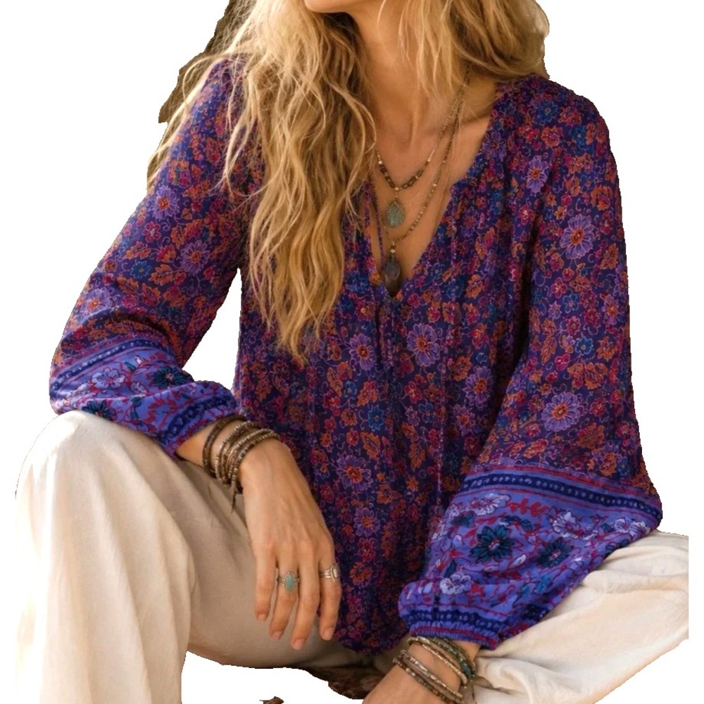 Natural Life Women's XL Top Rowan Tie Neck Floral Boho Long Sleeve Blouse Purple